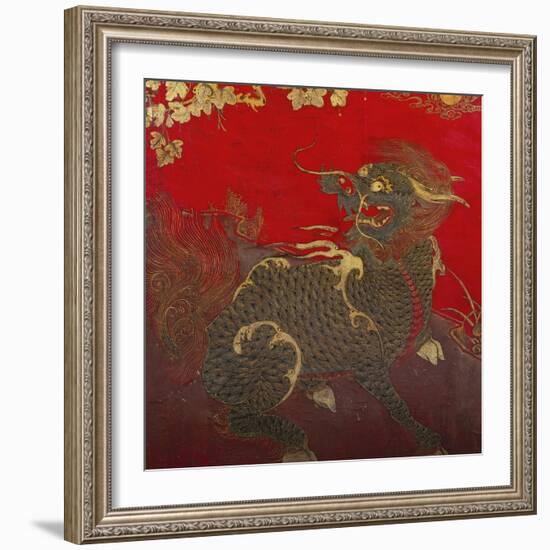 A Large Chinese Red Lacquered Wood Rectangular Panel Depicting a Seated Kylin with Head Turned to…-null-Framed Giclee Print