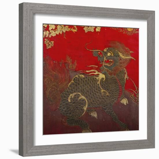 A Large Chinese Red Lacquered Wood Rectangular Panel Depicting a Seated Kylin with Head Turned to…-null-Framed Giclee Print