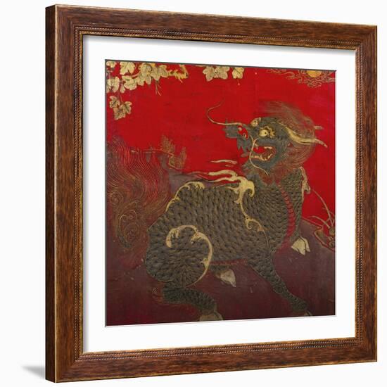 A Large Chinese Red Lacquered Wood Rectangular Panel Depicting a Seated Kylin with Head Turned to…-null-Framed Giclee Print