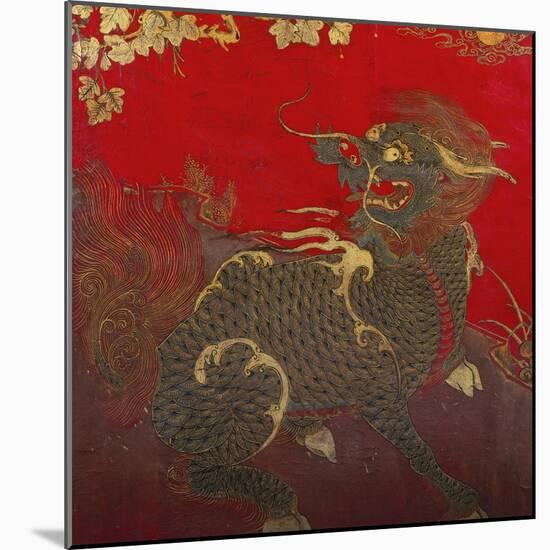 A Large Chinese Red Lacquered Wood Rectangular Panel Depicting a Seated Kylin with Head Turned to…-null-Mounted Giclee Print