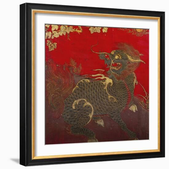 A Large Chinese Red Lacquered Wood Rectangular Panel Depicting a Seated Kylin with Head Turned to…-null-Framed Giclee Print