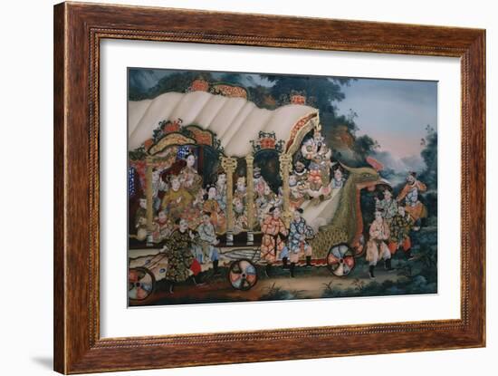 A Large Chinese Reverse Glass Painting Depicting a Festival Procession with-null-Framed Giclee Print