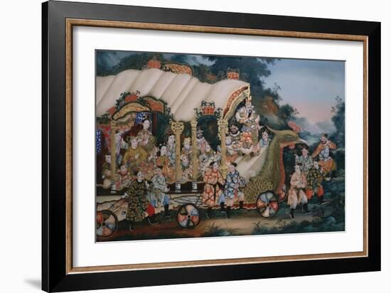 A Large Chinese Reverse Glass Painting Depicting a Festival Procession with-null-Framed Giclee Print