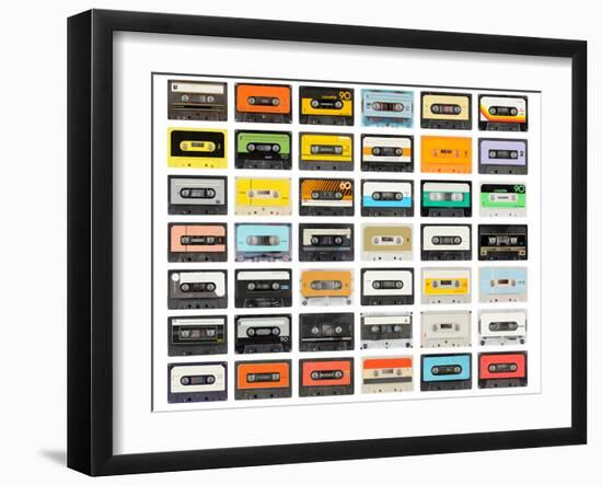 A Large Collection of Retro Cassette Tapes Places in a Grid-dubassy-Framed Photographic Print