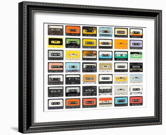 A Large Collection of Retro Cassette Tapes Places in a Grid-dubassy-Framed Photographic Print