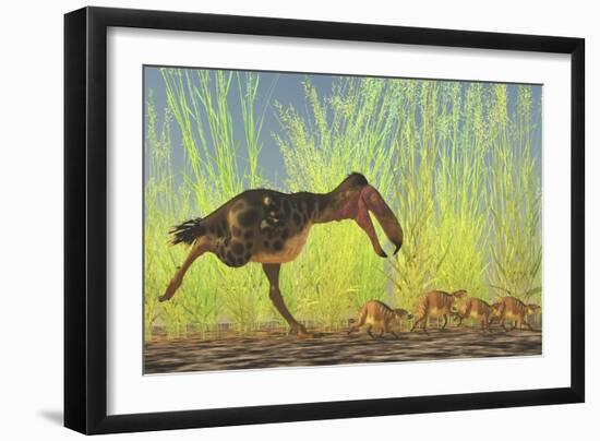 A Large Kalenken Flightless Terror Bird Hunting Smaller Eurohippus-null-Framed Premium Giclee Print