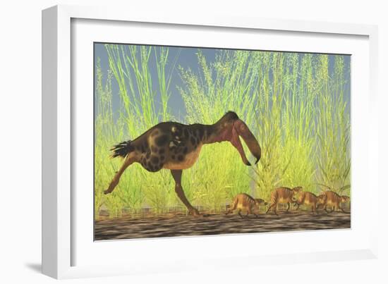 A Large Kalenken Flightless Terror Bird Hunting Smaller Eurohippus-null-Framed Premium Giclee Print