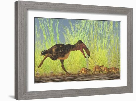 A Large Kalenken Flightless Terror Bird Hunting Smaller Eurohippus-null-Framed Art Print