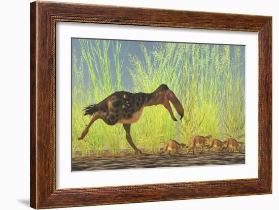 A Large Kalenken Flightless Terror Bird Hunting Smaller Eurohippus-null-Framed Art Print