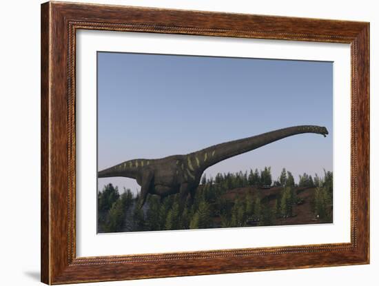 A Large Mamenchisaurus Walking Along a Dry Riverbed-Stocktrek Images-Framed Art Print