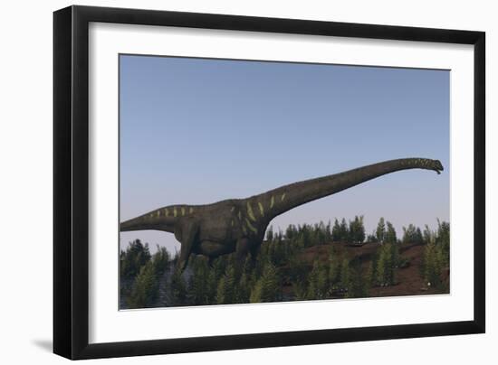 A Large Mamenchisaurus Walking Along a Dry Riverbed-Stocktrek Images-Framed Art Print