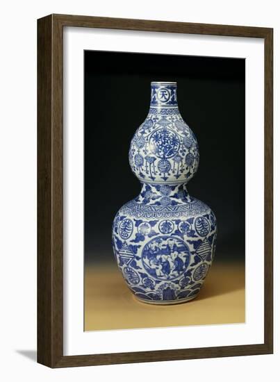 A Large Ming Blue and White Double Gourd "Shou" Vase, Depicting Young Boys Playing on a Terrace-null-Framed Giclee Print