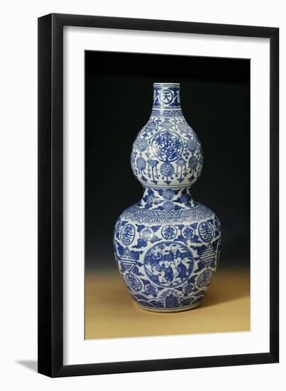 A Large Ming Blue and White Double Gourd "Shou" Vase, Depicting Young Boys Playing on a Terrace-null-Framed Giclee Print