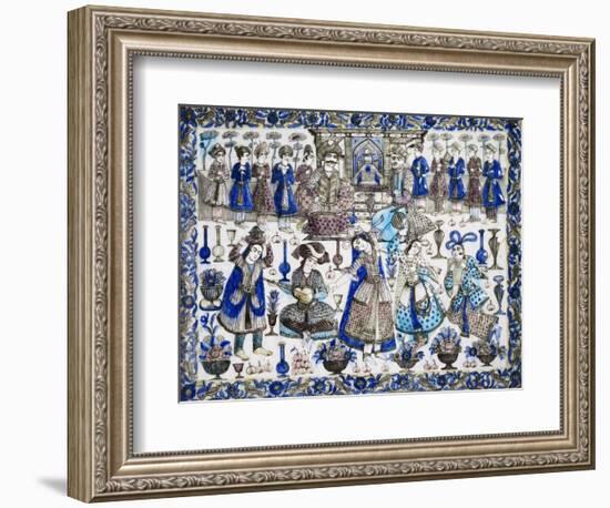 A Large Qajar Rectangular Tile, Two Gentlemen Seated in an Interior Flanked by Numerous Attendants-null-Framed Giclee Print