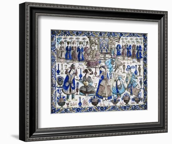 A Large Qajar Rectangular Tile, Two Gentlemen Seated in an Interior Flanked by Numerous Attendants-null-Framed Giclee Print