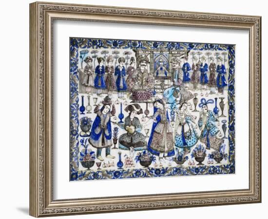 A Large Qajar Rectangular Tile, Two Gentlemen Seated in an Interior Flanked by Numerous Attendants-null-Framed Giclee Print