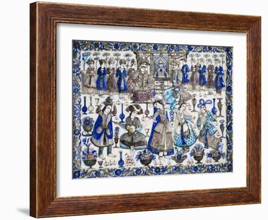 A Large Qajar Rectangular Tile, Two Gentlemen Seated in an Interior Flanked by Numerous Attendants-null-Framed Giclee Print