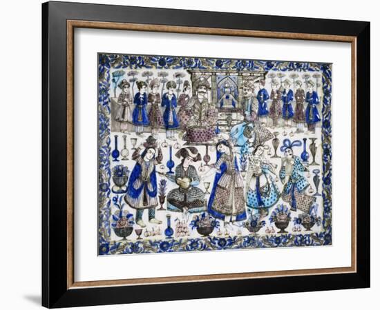 A Large Qajar Rectangular Tile, Two Gentlemen Seated in an Interior Flanked by Numerous Attendants-null-Framed Giclee Print
