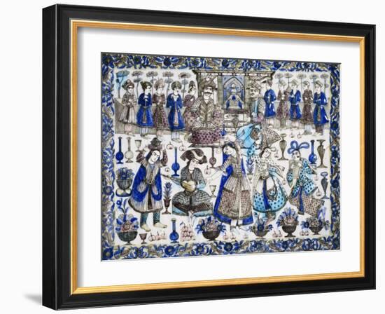 A Large Qajar Rectangular Tile, Two Gentlemen Seated in an Interior Flanked by Numerous Attendants-null-Framed Giclee Print