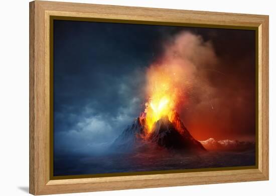 A Large Volcano Erupting Hot Lava and Gases into the Atmosphere. 3D Illustration.-Solarseven-Framed Stretched Canvas
