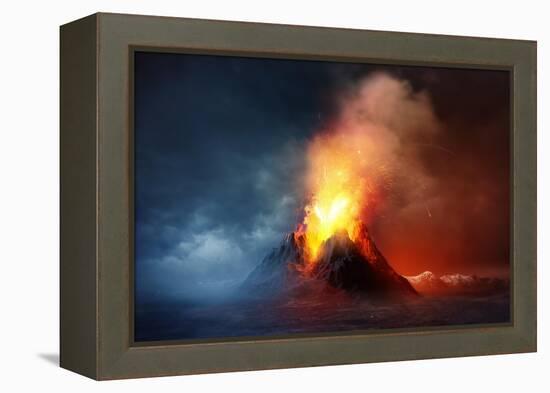 A Large Volcano Erupting Hot Lava and Gases into the Atmosphere. 3D Illustration.-Solarseven-Framed Stretched Canvas