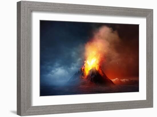 A Large Volcano Erupting Hot Lava and Gases into the Atmosphere. 3D Illustration.-Solarseven-Framed Art Print