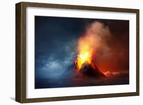 A Large Volcano Erupting Hot Lava and Gases into the Atmosphere. 3D Illustration.-Solarseven-Framed Art Print