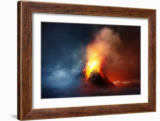 A Large Volcano Erupting Hot Lava and Gases into the Atmosphere. 3D Illustration.-Solarseven-Framed Art Print