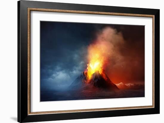 A Large Volcano Erupting Hot Lava and Gases into the Atmosphere. 3D Illustration.-Solarseven-Framed Art Print