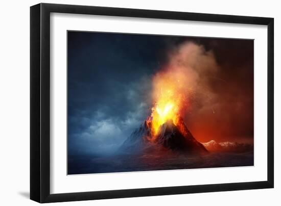 A Large Volcano Erupting Hot Lava and Gases into the Atmosphere. 3D Illustration.-Solarseven-Framed Art Print