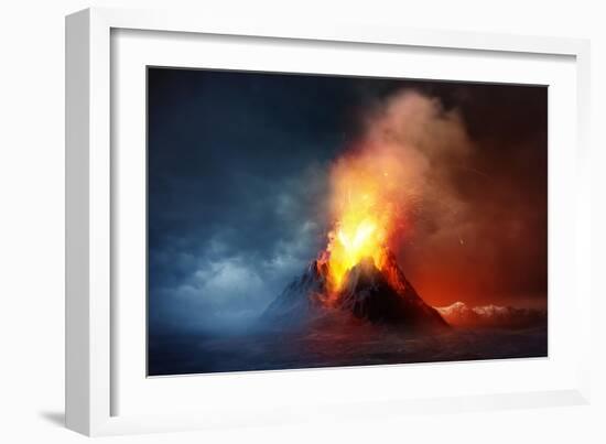 A Large Volcano Erupting Hot Lava and Gases into the Atmosphere. 3D Illustration.-Solarseven-Framed Art Print