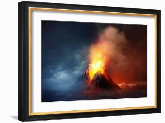 A Large Volcano Erupting Hot Lava and Gases into the Atmosphere. 3D Illustration.-Solarseven-Framed Art Print