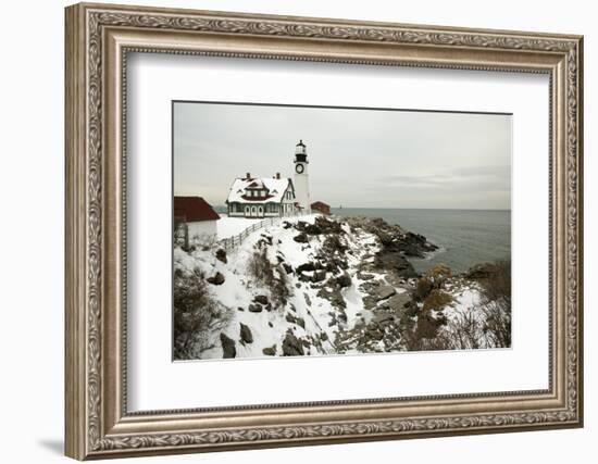 A Large Wreath is Hung on Portland Head Lighthouse in Maine to Celebrate the Holiday Season. Portla-Allan Wood Photography-Framed Photographic Print