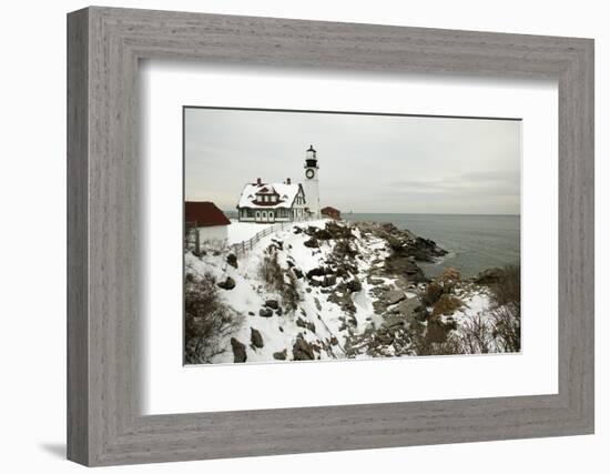 A Large Wreath is Hung on Portland Head Lighthouse in Maine to Celebrate the Holiday Season. Portla-Allan Wood Photography-Framed Photographic Print