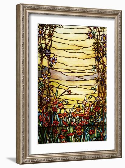 A Leaded Glass Landscape Window Depicting View of Red Flowers and a Stream-Tiffany Studios-Framed Giclee Print