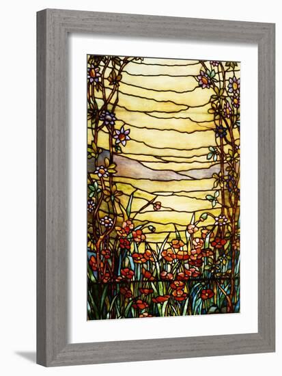 A Leaded Glass Landscape Window Depicting View of Red Flowers and a Stream-Tiffany Studios-Framed Giclee Print