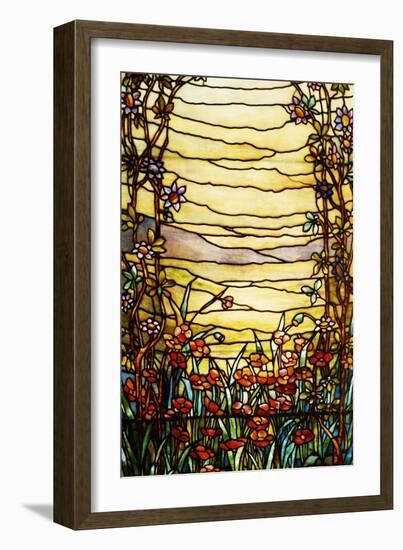 A Leaded Glass Landscape Window Depicting View of Red Flowers and a Stream-Tiffany Studios-Framed Giclee Print