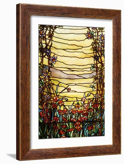 A Leaded Glass Landscape Window Depicting View of Red Flowers and a Stream-Tiffany Studios-Framed Giclee Print