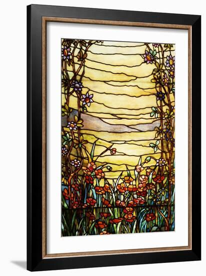 A Leaded Glass Landscape Window Depicting View of Red Flowers and a Stream-Tiffany Studios-Framed Giclee Print