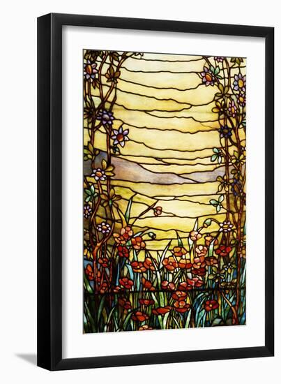 A Leaded Glass Landscape Window Depicting View of Red Flowers and a Stream-Tiffany Studios-Framed Giclee Print