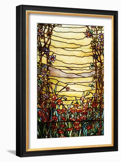 A Leaded Glass Landscape Window Depicting View of Red Flowers and a Stream-Tiffany Studios-Framed Giclee Print