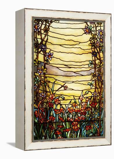 A Leaded Glass Landscape Window Depicting View of Red Flowers and a Stream-Tiffany Studios-Framed Premier Image Canvas