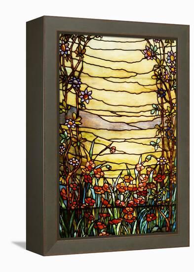 A Leaded Glass Landscape Window Depicting View of Red Flowers and a Stream-Tiffany Studios-Framed Premier Image Canvas