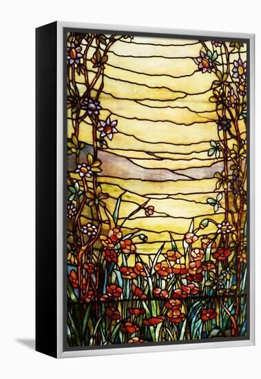 A Leaded Glass Landscape Window Depicting View of Red Flowers and a Stream-Tiffany Studios-Framed Premier Image Canvas