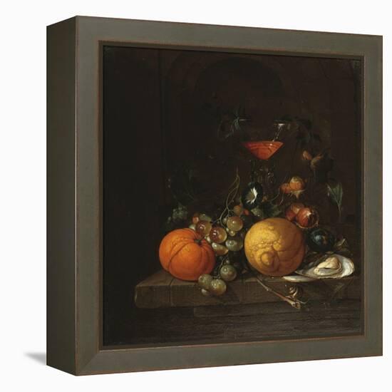 A Lemon, an Orange, Grapes, an Oyster, and a Glass of Wine on a Ledge-Canaletto-Framed Premier Image Canvas