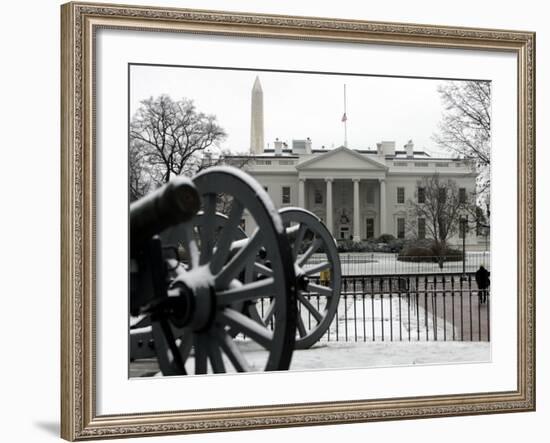 A Light Dusting of Snow Covers the Ground in Front of the White House-Ron Edmonds-Framed Photographic Print