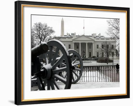 A Light Dusting of Snow Covers the Ground in Front of the White House-Ron Edmonds-Framed Photographic Print