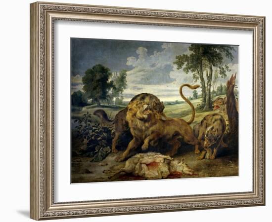A Lion and Three Wolves-Paul de Vos-Framed Premium Giclee Print