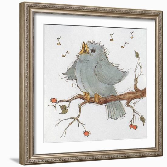 A Little Blue Bird Chirping on a Branch-Beverly Johnston-Framed Giclee Print