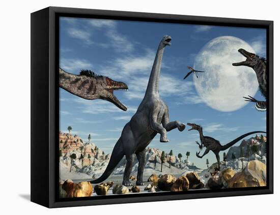 A Lone Camarasaurus Dinosaur Is Confronted by a Pack of Velociraptors-Stocktrek Images-Framed Premier Image Canvas